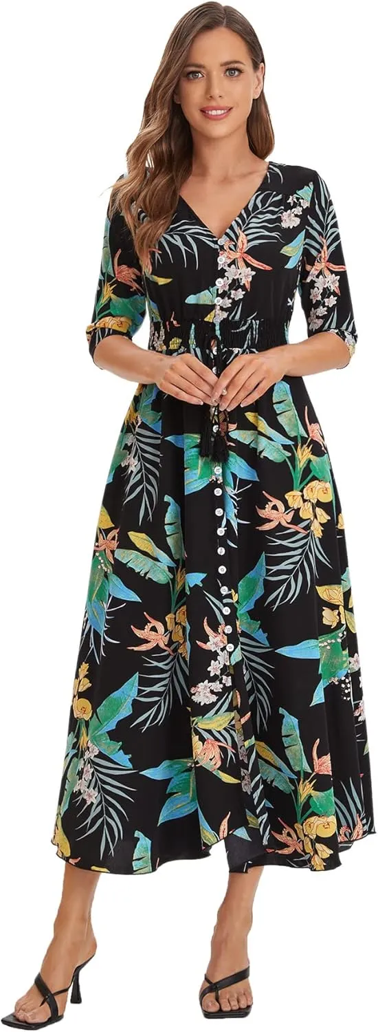 Milumia Summer Flowy Long Maxi Dress Button Up Split Floral Print Boho Dresses for Women 2024