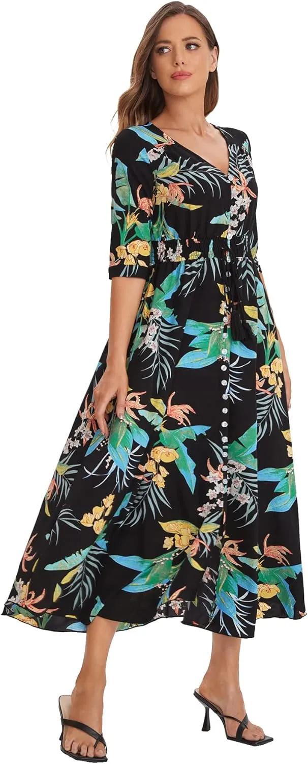 Milumia Summer Flowy Long Maxi Dress Button Up Split Floral Print Boho Dresses for Women 2024