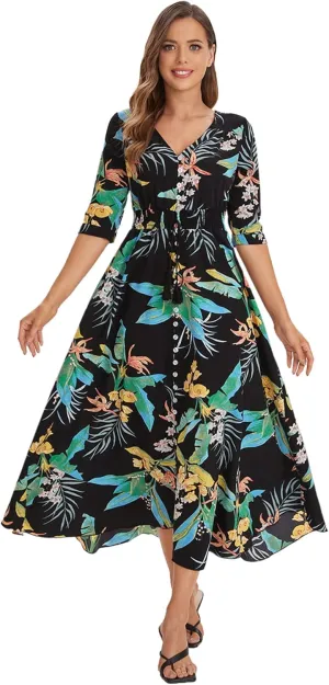 Milumia Summer Flowy Long Maxi Dress Button Up Split Floral Print Boho Dresses for Women 2024