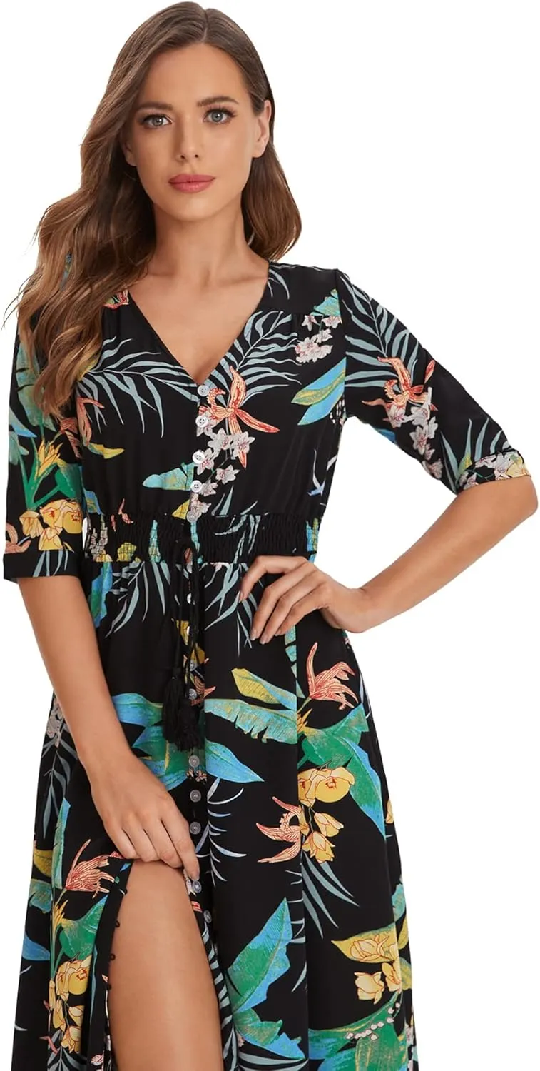 Milumia Summer Flowy Long Maxi Dress Button Up Split Floral Print Boho Dresses for Women 2024
