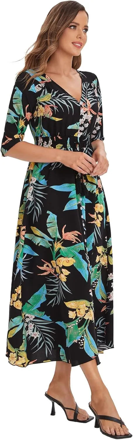 Milumia Summer Flowy Long Maxi Dress Button Up Split Floral Print Boho Dresses for Women 2024