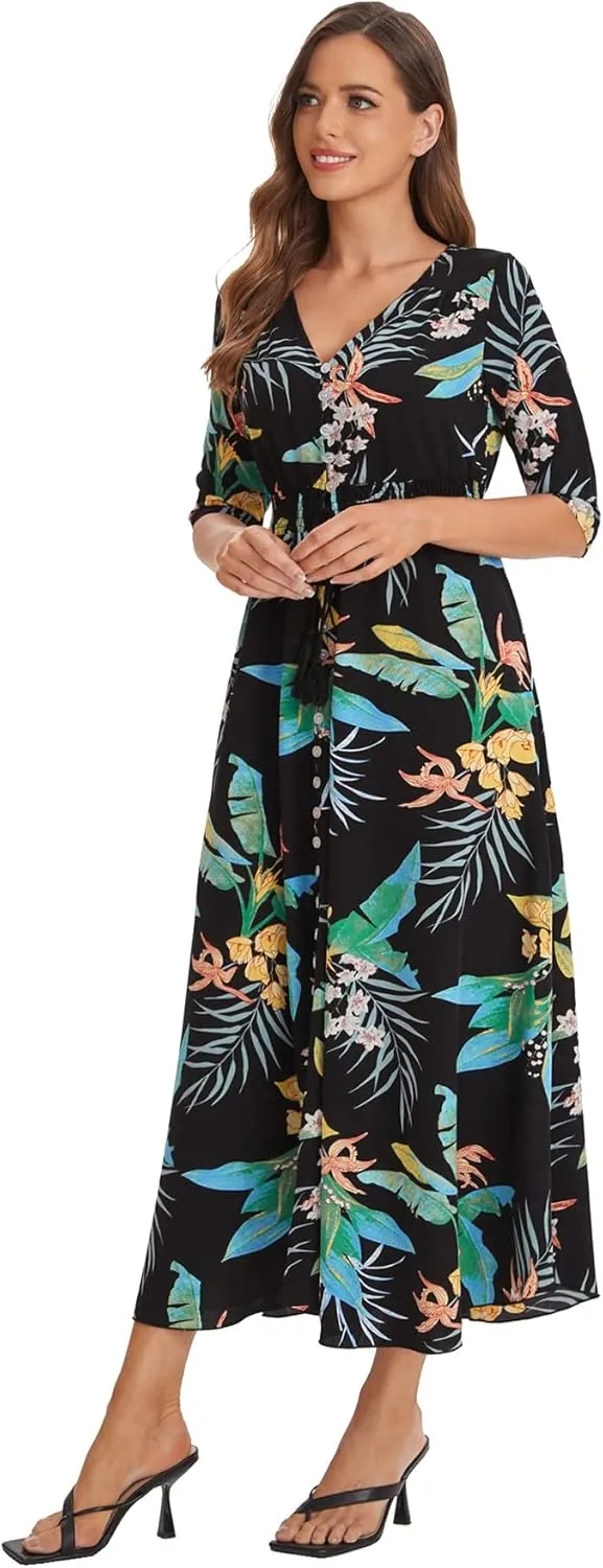 Milumia Summer Flowy Long Maxi Dress Button Up Split Floral Print Boho Dresses for Women 2024