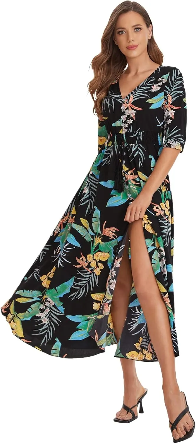 Milumia Summer Flowy Long Maxi Dress Button Up Split Floral Print Boho Dresses for Women 2024