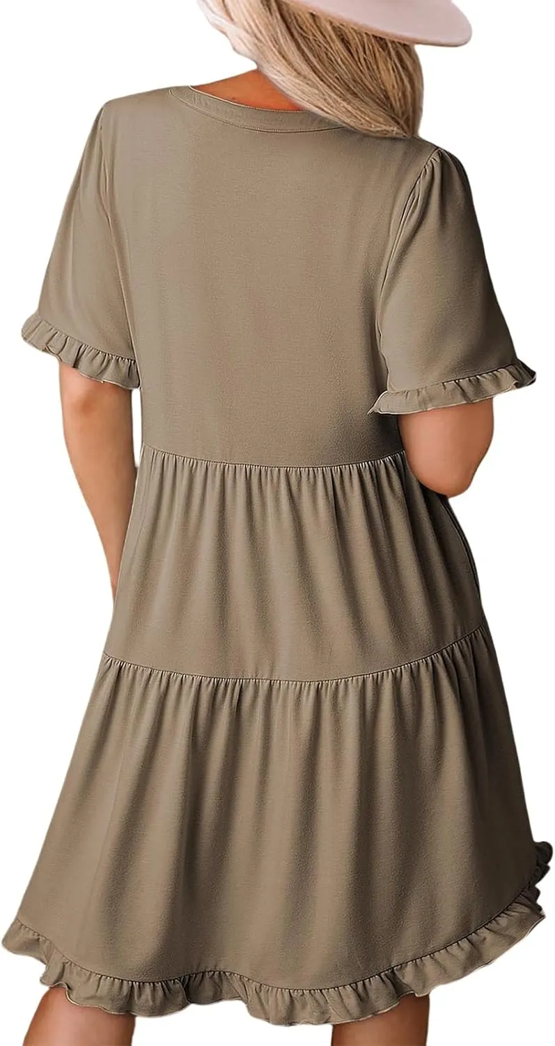 Mini Dresses for Women Summer Casual V Neck Dress Short Sleeve A Line Flowy Swing Shift Dress Plus Size Sundress