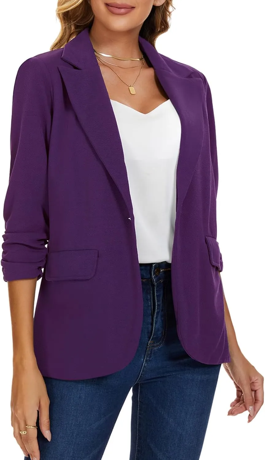 MINTLIMIT Womens Blazer 3/4 Sleeve Lapel Collar Business Work Blazers Button Front Casual Jackets with Pockets