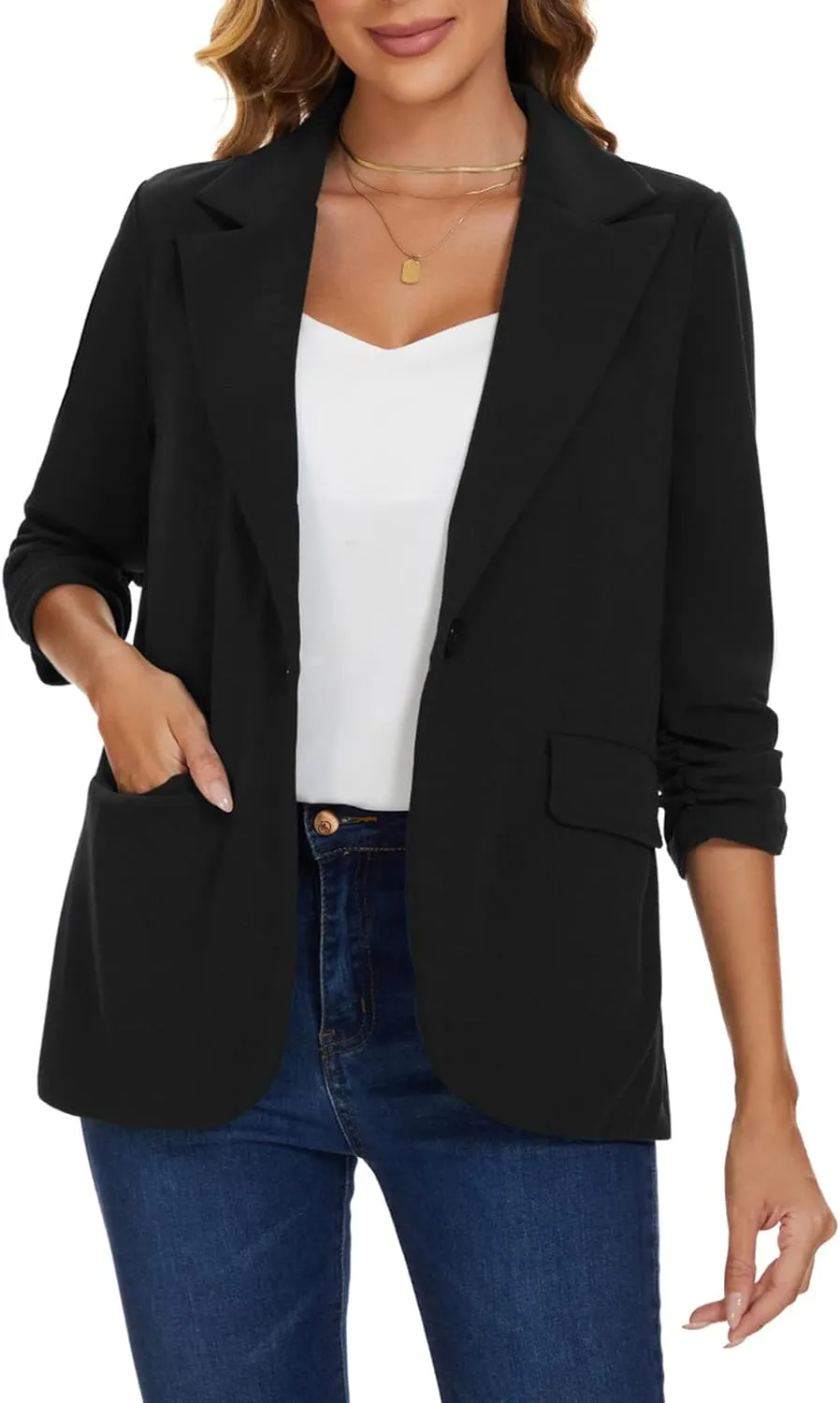 MINTLIMIT Womens Blazer 3/4 Sleeve Lapel Collar Business Work Blazers Button Front Casual Jackets with Pockets