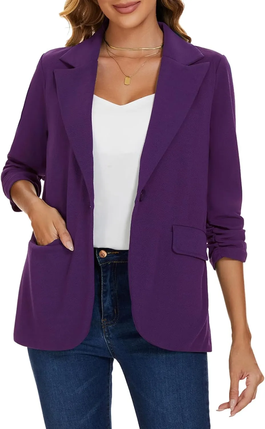 MINTLIMIT Womens Blazer 3/4 Sleeve Lapel Collar Business Work Blazers Button Front Casual Jackets with Pockets