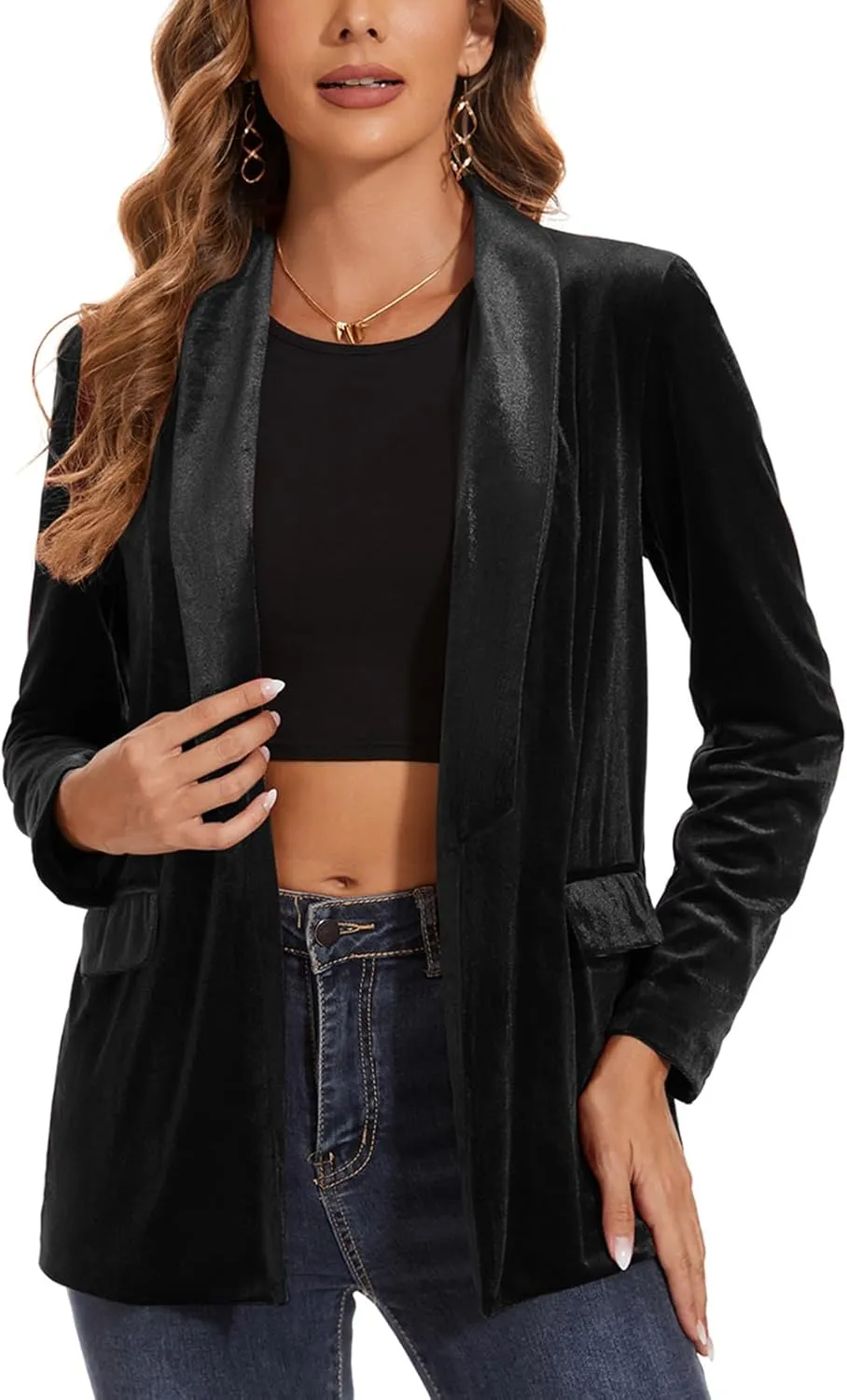 MINTLIMIT Women's Velvet Cardigan Jacket Shawl Collar Open Front Vintage Office Blazer Jacket Suit with Pockets