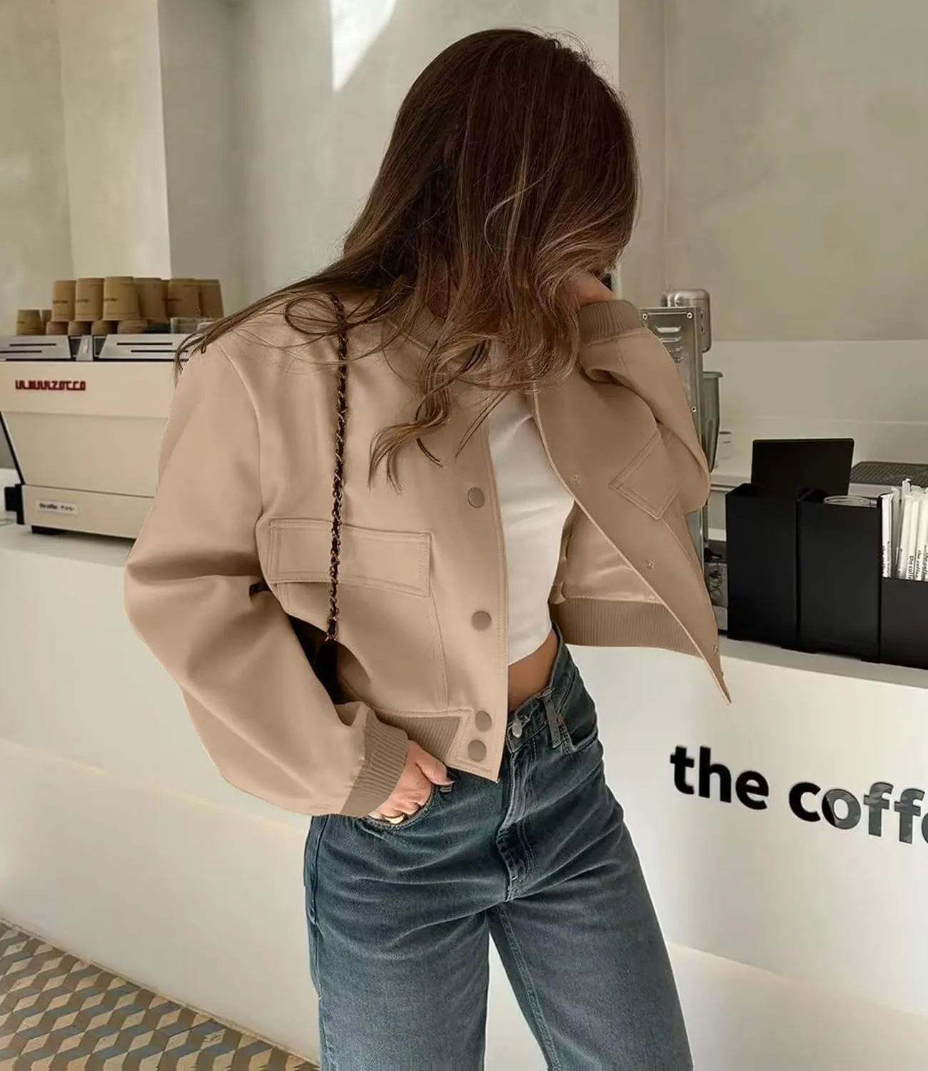 Modegal Women's Spring Varsity Bomber Jackets Long Sleeve Cropped Button Down Casual Coat with Pockets Outwear