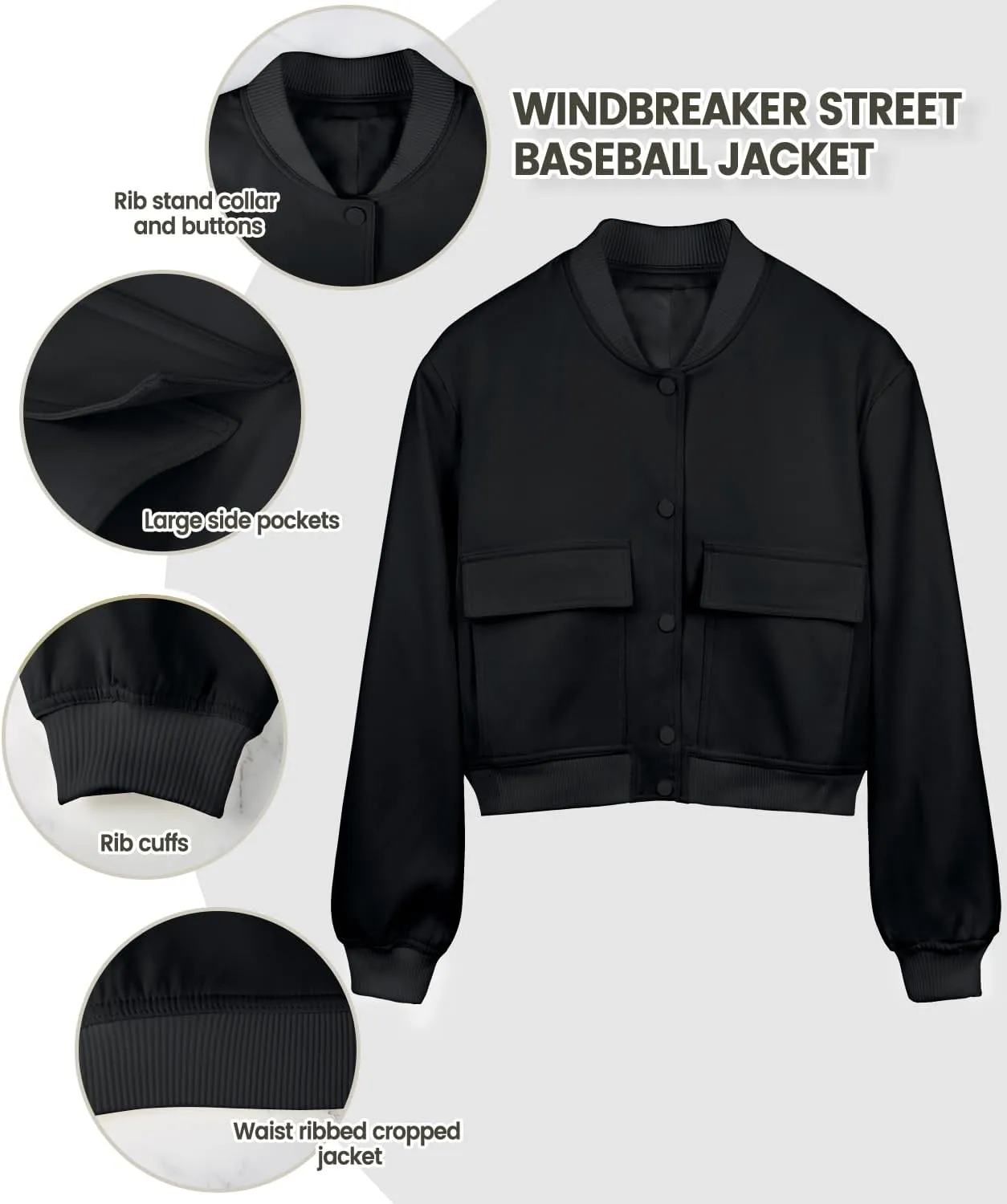 Modegal Women's Spring Varsity Bomber Jackets Long Sleeve Cropped Button Down Casual Coat with Pockets Outwear