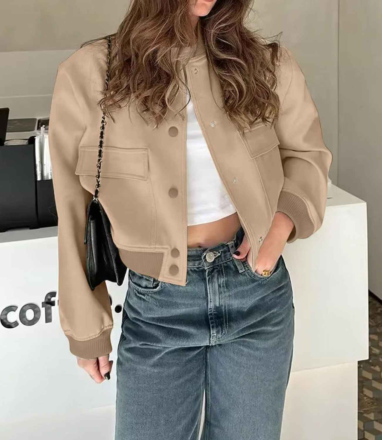 Modegal Women's Spring Varsity Bomber Jackets Long Sleeve Cropped Button Down Casual Coat with Pockets Outwear