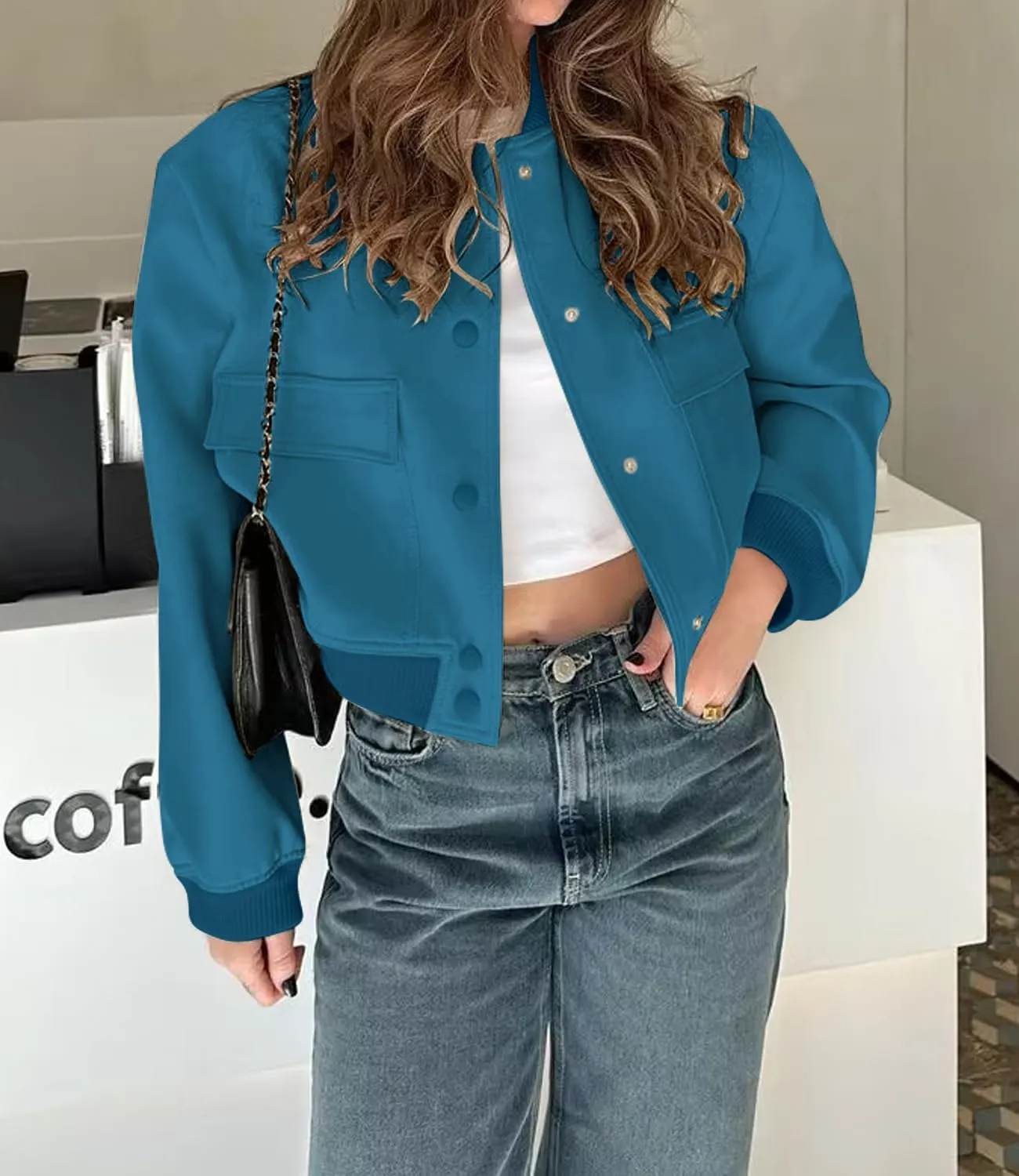 Modegal Women's Spring Varsity Bomber Jackets Long Sleeve Cropped Button Down Casual Coat with Pockets Outwear