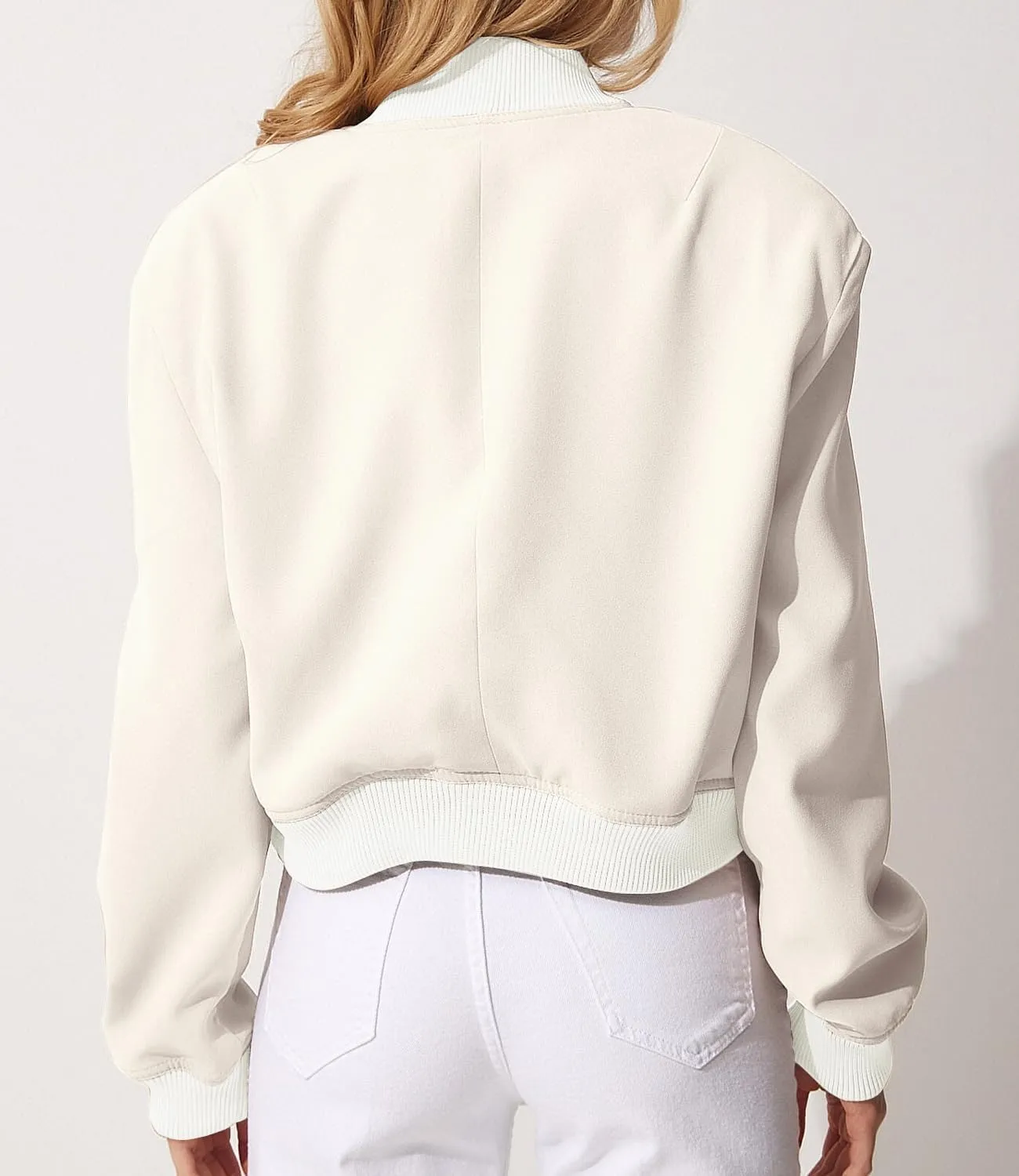Modegal Women's Spring Varsity Bomber Jackets Long Sleeve Cropped Button Down Casual Coat with Pockets Outwear