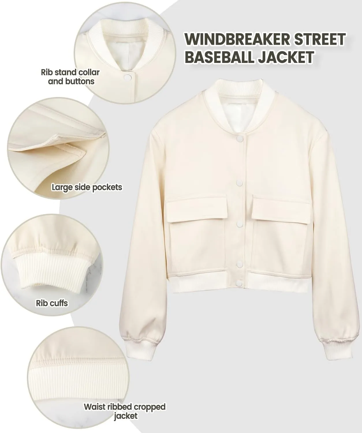 Modegal Women's Spring Varsity Bomber Jackets Long Sleeve Cropped Button Down Casual Coat with Pockets Outwear