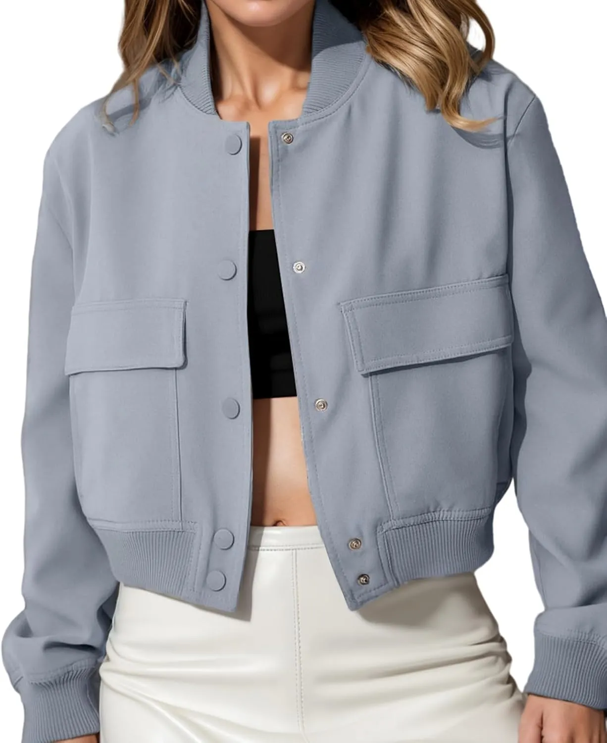 Modegal Women's Spring Varsity Bomber Jackets Long Sleeve Cropped Button Down Casual Coat with Pockets Outwear