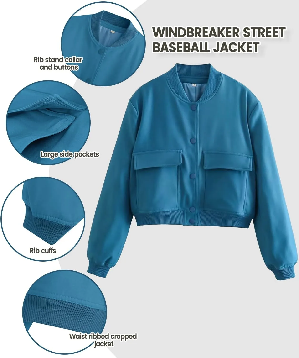 Modegal Women's Spring Varsity Bomber Jackets Long Sleeve Cropped Button Down Casual Coat with Pockets Outwear