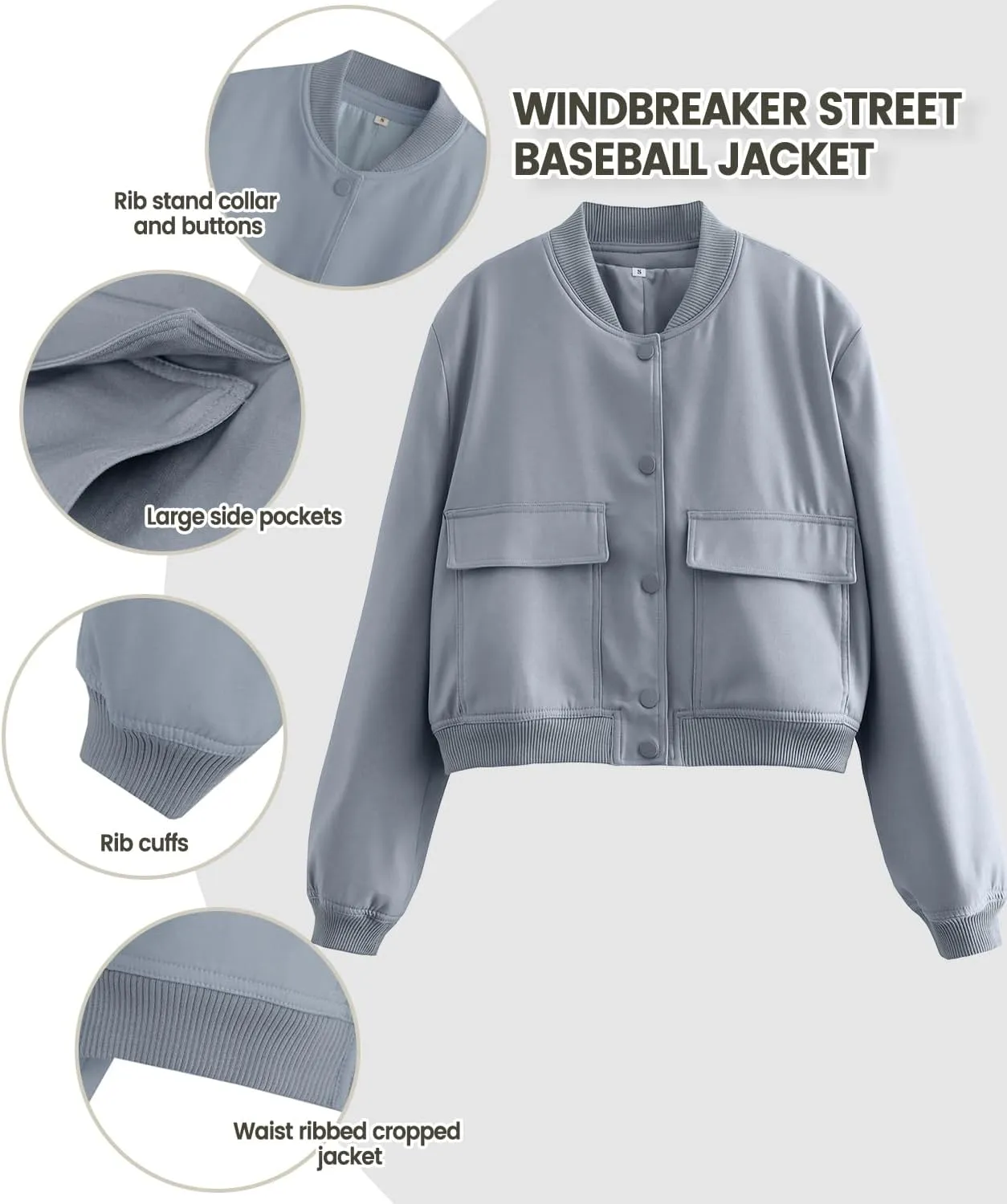 Modegal Women's Spring Varsity Bomber Jackets Long Sleeve Cropped Button Down Casual Coat with Pockets Outwear