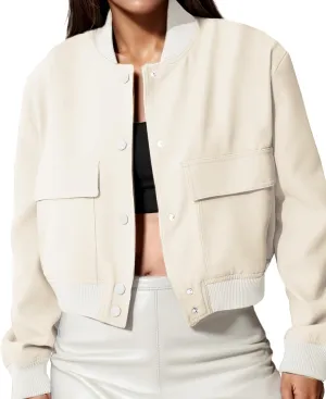 Modegal Women's Spring Varsity Bomber Jackets Long Sleeve Cropped Button Down Casual Coat with Pockets Outwear