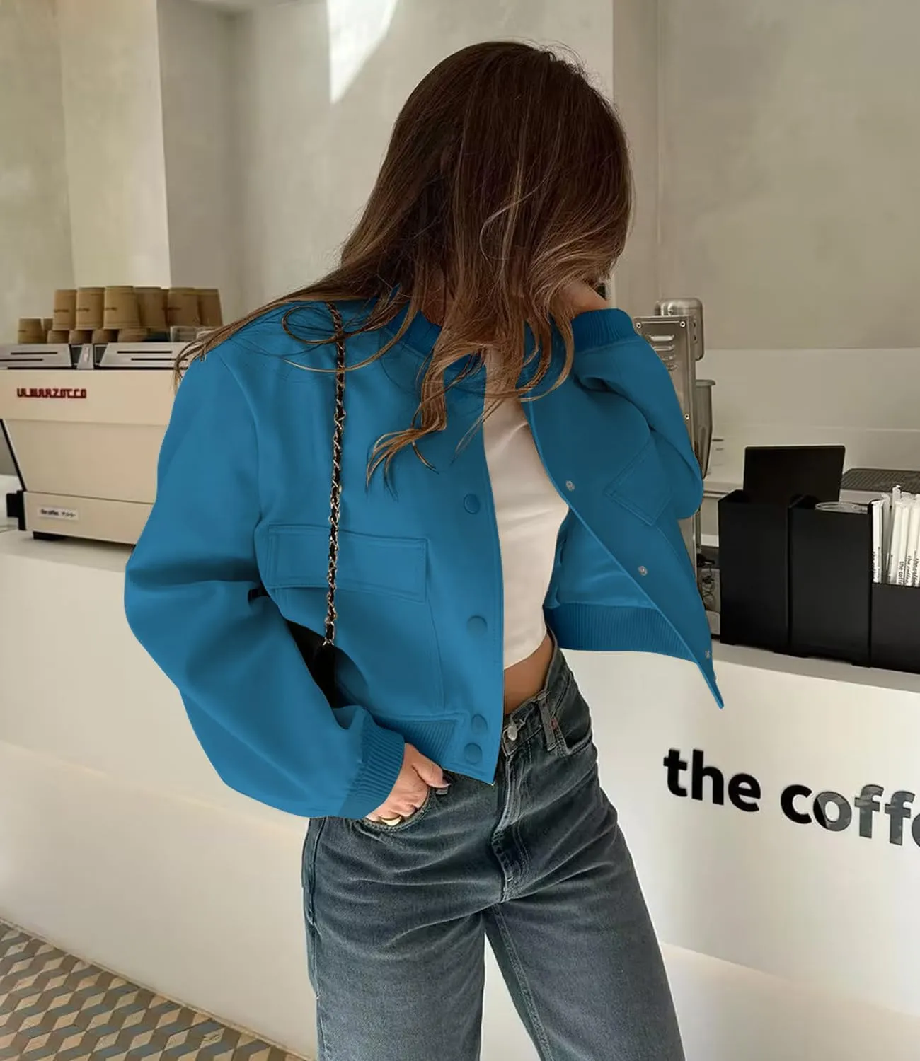 Modegal Women's Spring Varsity Bomber Jackets Long Sleeve Cropped Button Down Casual Coat with Pockets Outwear