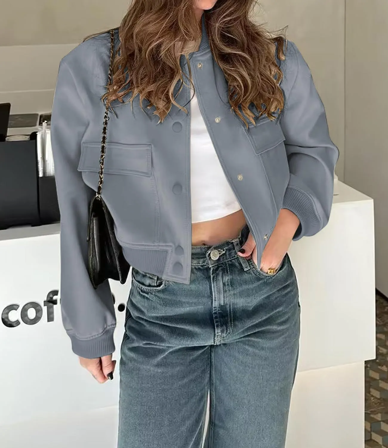 Modegal Women's Spring Varsity Bomber Jackets Long Sleeve Cropped Button Down Casual Coat with Pockets Outwear