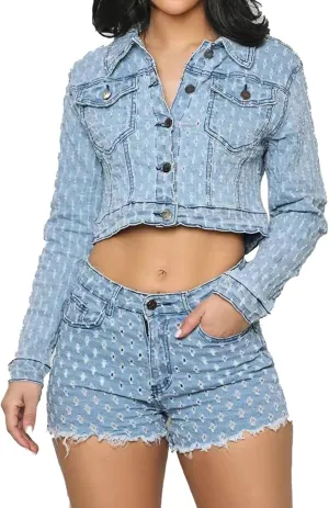 Molisry Womens Hollow Out Jeans Sets Mesh Holes Cropped Jeans Jacket Sexy Raw Hem Mini Denim Shorts 2 Pieces Streetwear