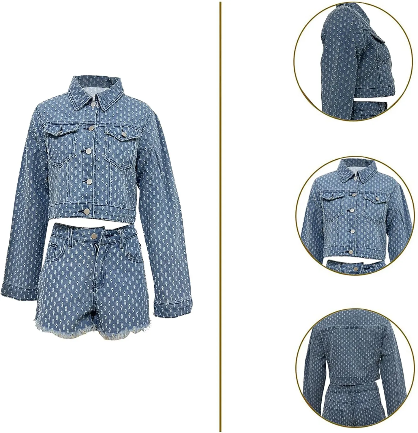 Molisry Womens Hollow Out Jeans Sets Mesh Holes Cropped Jeans Jacket Sexy Raw Hem Mini Denim Shorts 2 Pieces Streetwear