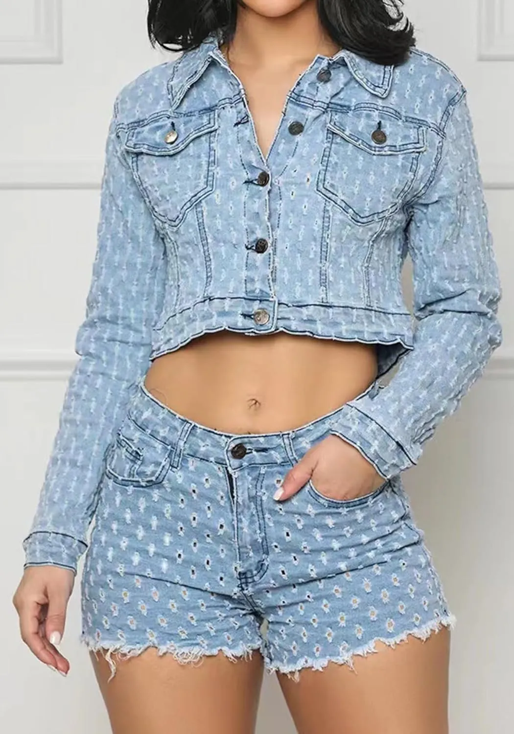 Molisry Womens Hollow Out Jeans Sets Mesh Holes Cropped Jeans Jacket Sexy Raw Hem Mini Denim Shorts 2 Pieces Streetwear