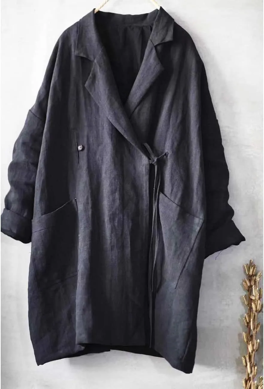 NFYM Women's Casual Linen Jacket Mid Length Lapel Blazer Open Front Long Sleeve Cardigan Black Trench Coat