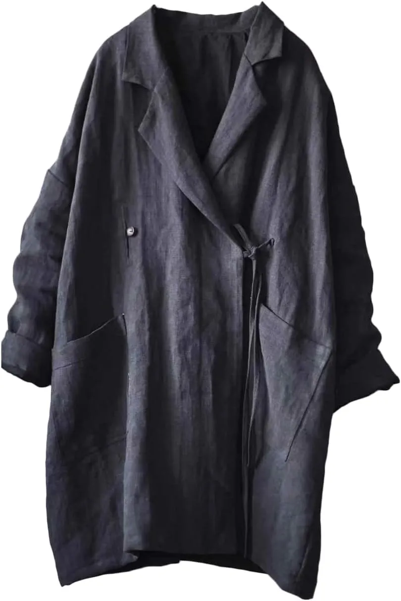 NFYM Women's Casual Linen Jacket Mid Length Lapel Blazer Open Front Long Sleeve Cardigan Black Trench Coat