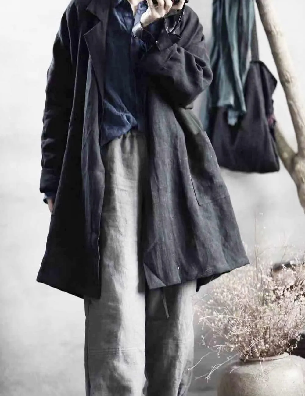 NFYM Women's Casual Linen Jacket Mid Length Lapel Blazer Open Front Long Sleeve Cardigan Black Trench Coat