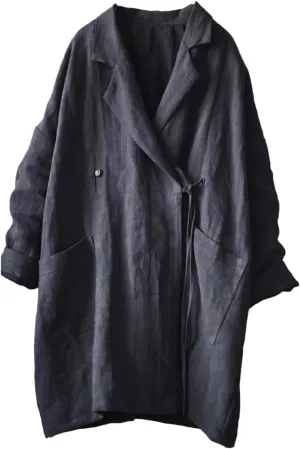 NFYM Women's Casual Linen Jacket Mid Length Lapel Blazer Open Front Long Sleeve Cardigan Black Trench Coat