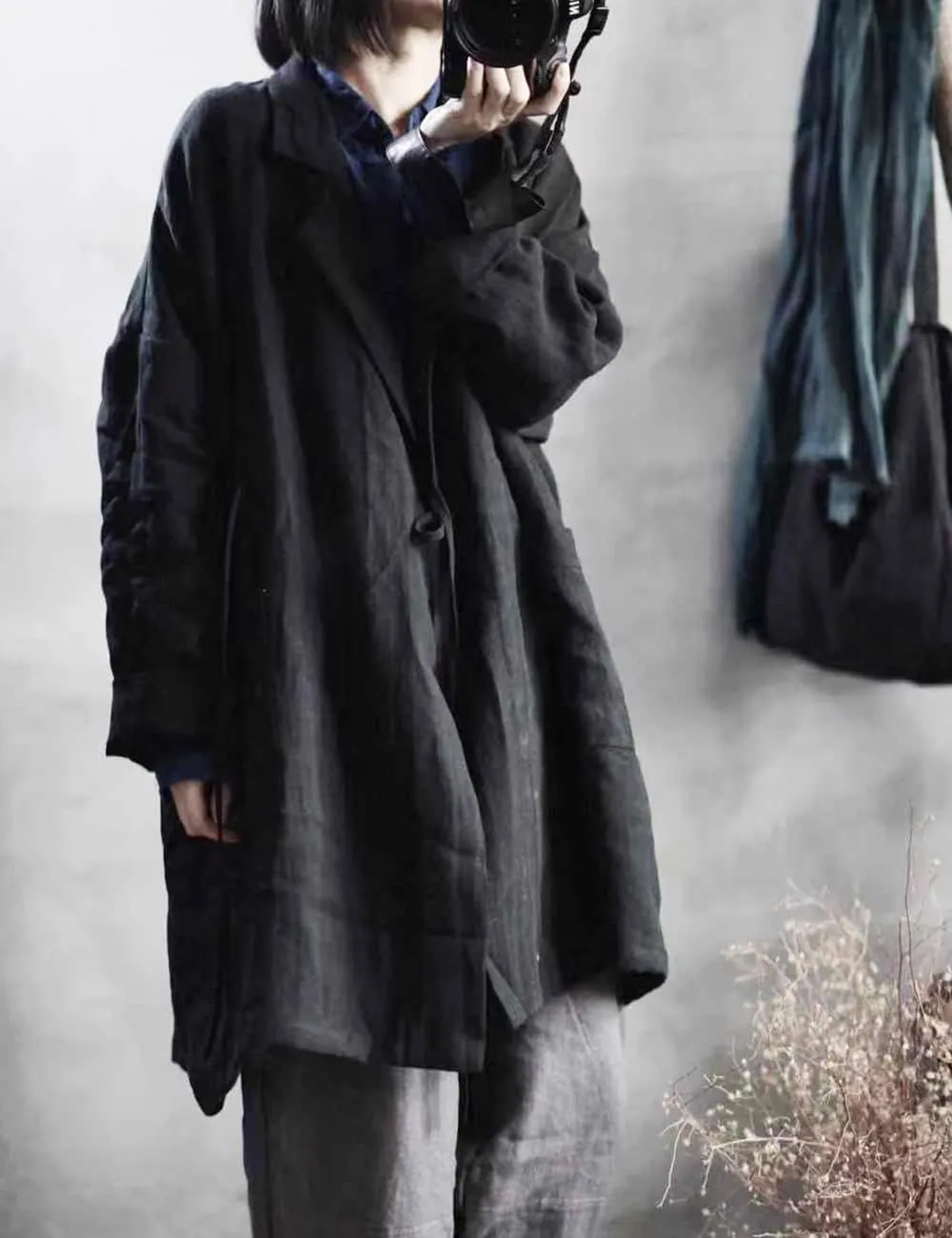 NFYM Women's Casual Linen Jacket Mid Length Lapel Blazer Open Front Long Sleeve Cardigan Black Trench Coat