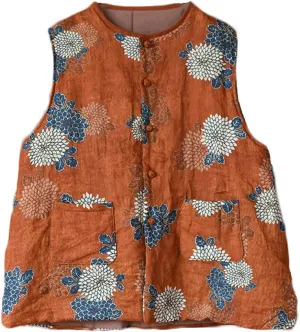 NFYM Womens Thin Quilted Lightweight Vest Cotton Linen Printed Spring Vintage Padded Outwear