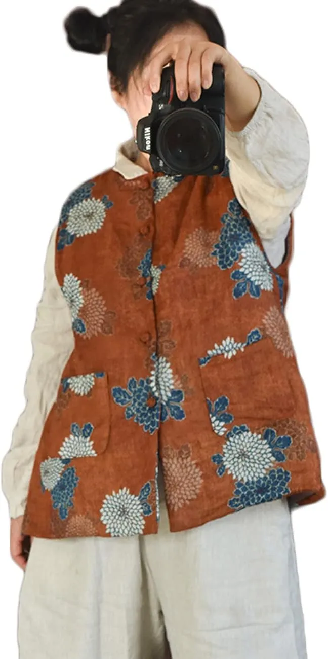 NFYM Womens Thin Quilted Lightweight Vest Cotton Linen Printed Spring Vintage Padded Outwear