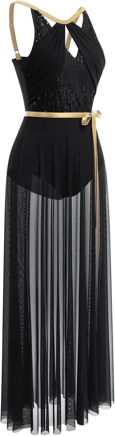 ODASDO Lyrical Dance Costume for Women Lace Sleeveless Leotard Sheer Flowy Long Wrap Skirt 2pcs Outfit