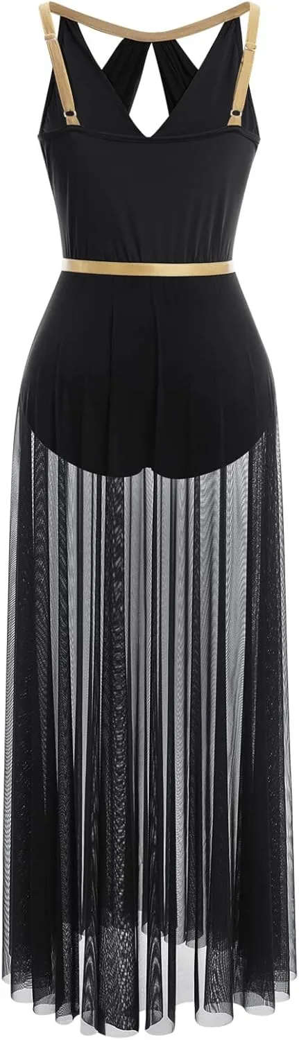 ODASDO Lyrical Dance Costume for Women Lace Sleeveless Leotard Sheer Flowy Long Wrap Skirt 2pcs Outfit