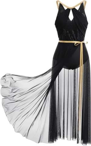 ODASDO Lyrical Dance Costume for Women Lace Sleeveless Leotard Sheer Flowy Long Wrap Skirt 2pcs Outfit