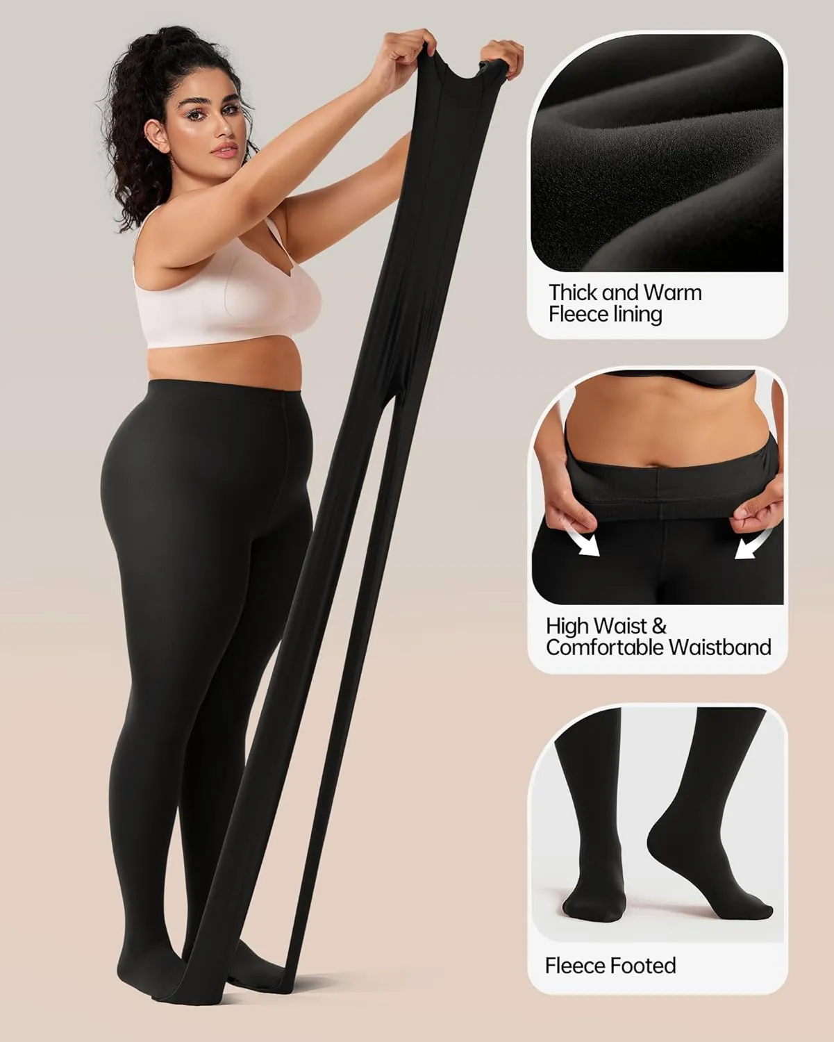 OEAK Womens Fleece Lined Tights Leggings Plus Size Thermal Warm Thick Opaque Tights Tummy Control High Waisted Pantyhose