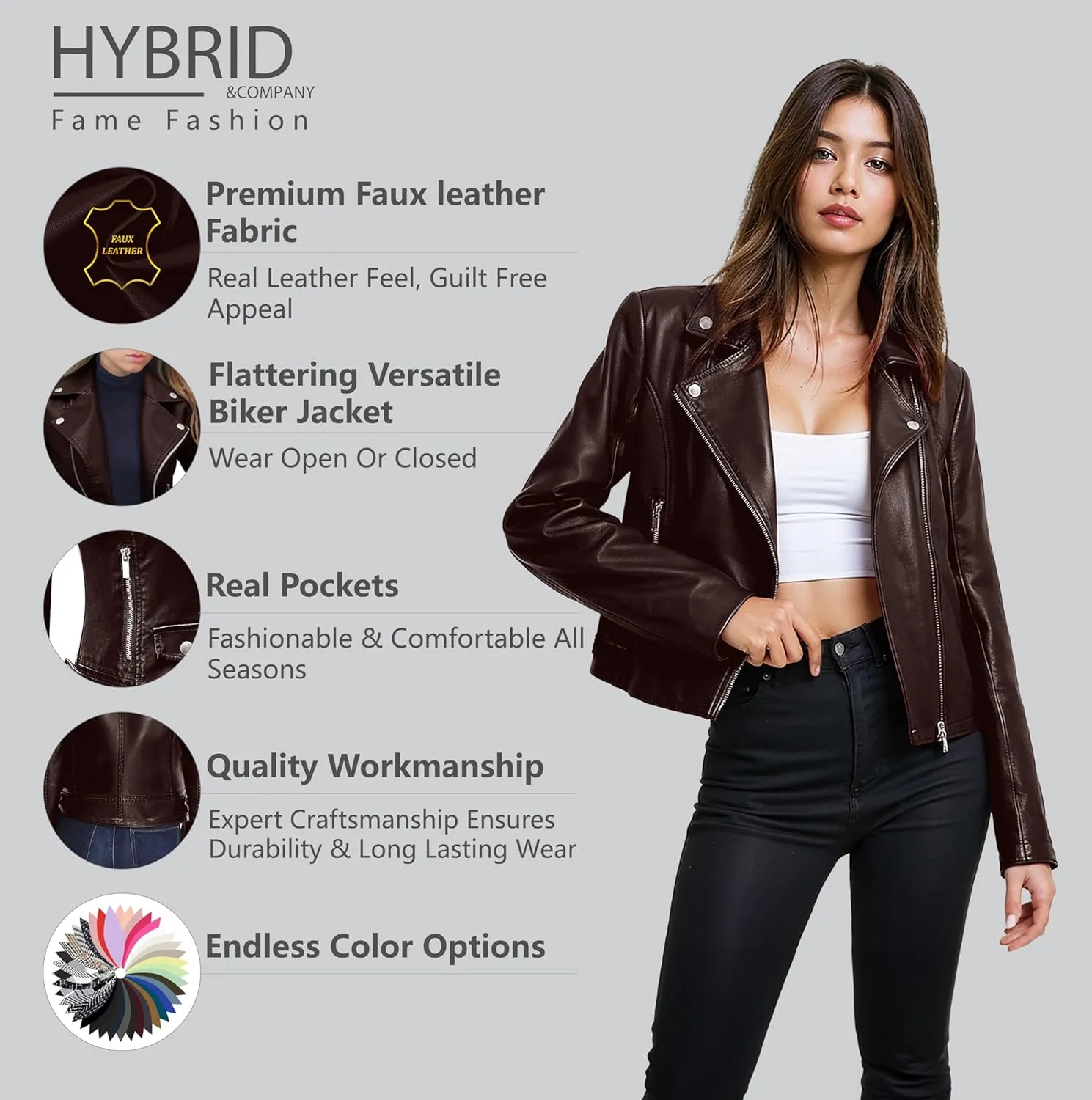 Olivia Miller Women's Faux Leather Moto Biker Jacket Long Sleeve Zip Jacket