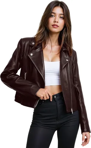 Olivia Miller Women's Faux Leather Moto Biker Jacket Long Sleeve Zip Jacket