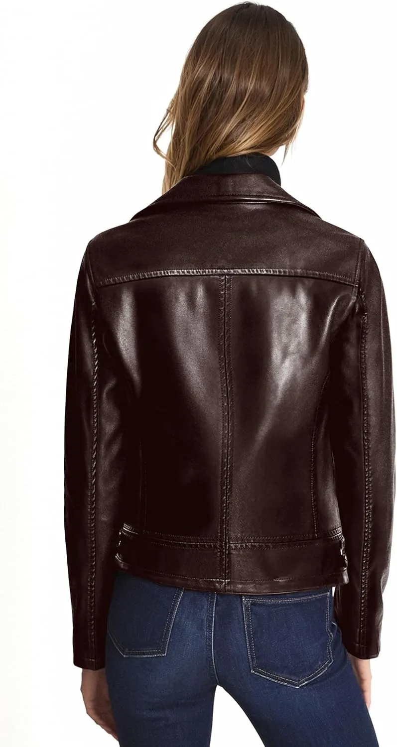 Olivia Miller Women's Faux Leather Moto Biker Jacket Long Sleeve Zip Jacket