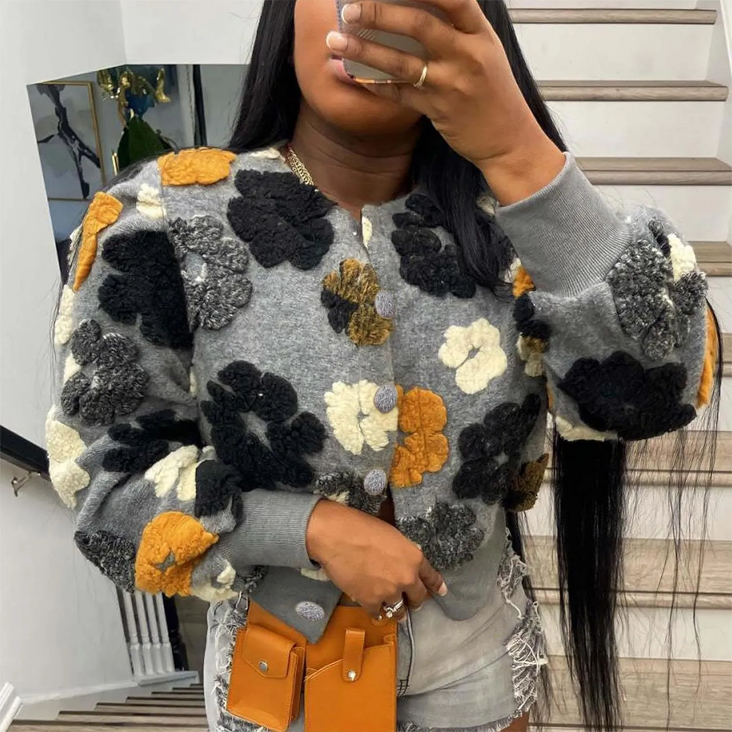 OPCAKM Women's Cropped Floral Print Shacket Jackets Round Neck Long Sleeve Bomber Coat Outerwears