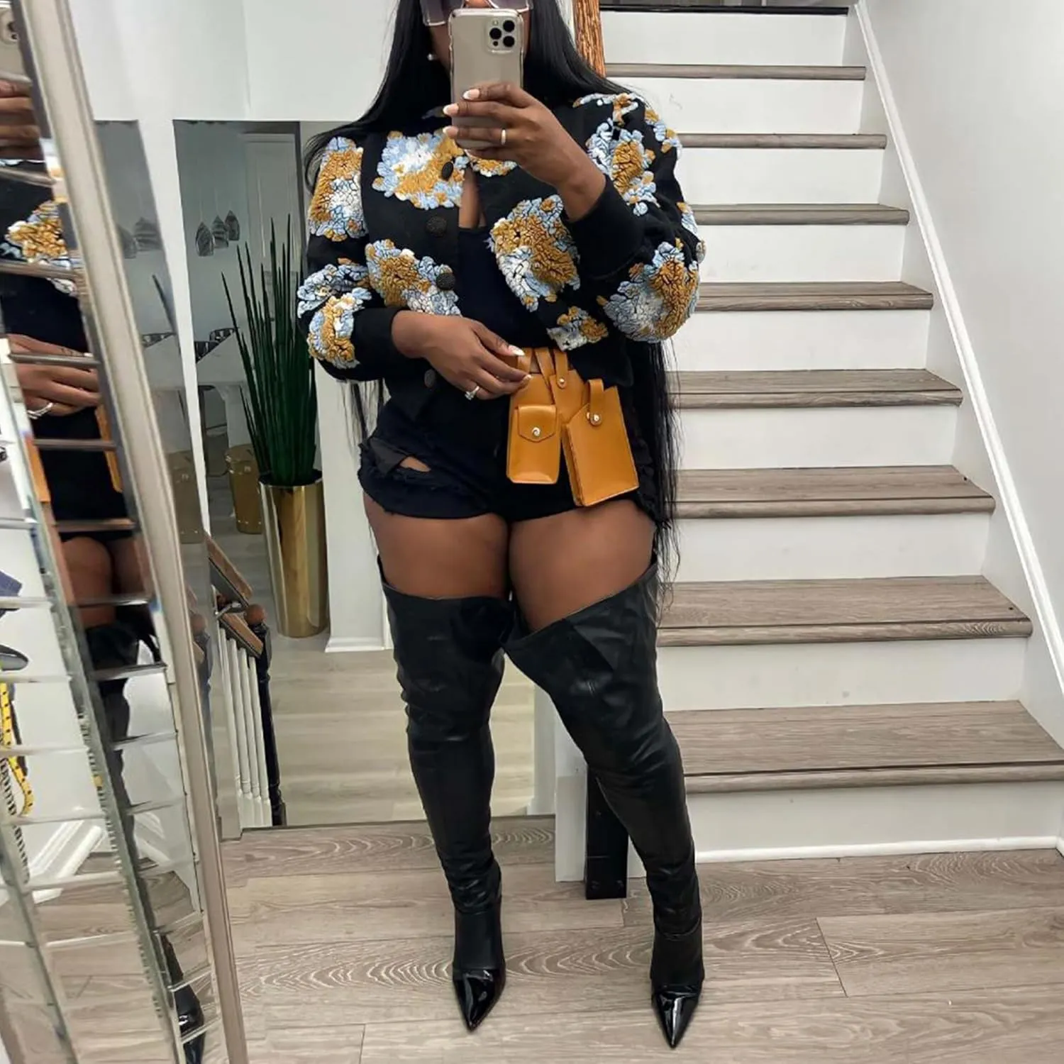 OPCAKM Women's Cropped Floral Print Shacket Jackets Round Neck Long Sleeve Bomber Coat Outerwears