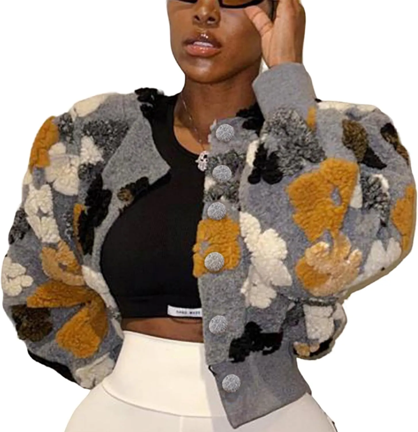 OPCAKM Women's Cropped Floral Print Shacket Jackets Round Neck Long Sleeve Bomber Coat Outerwears