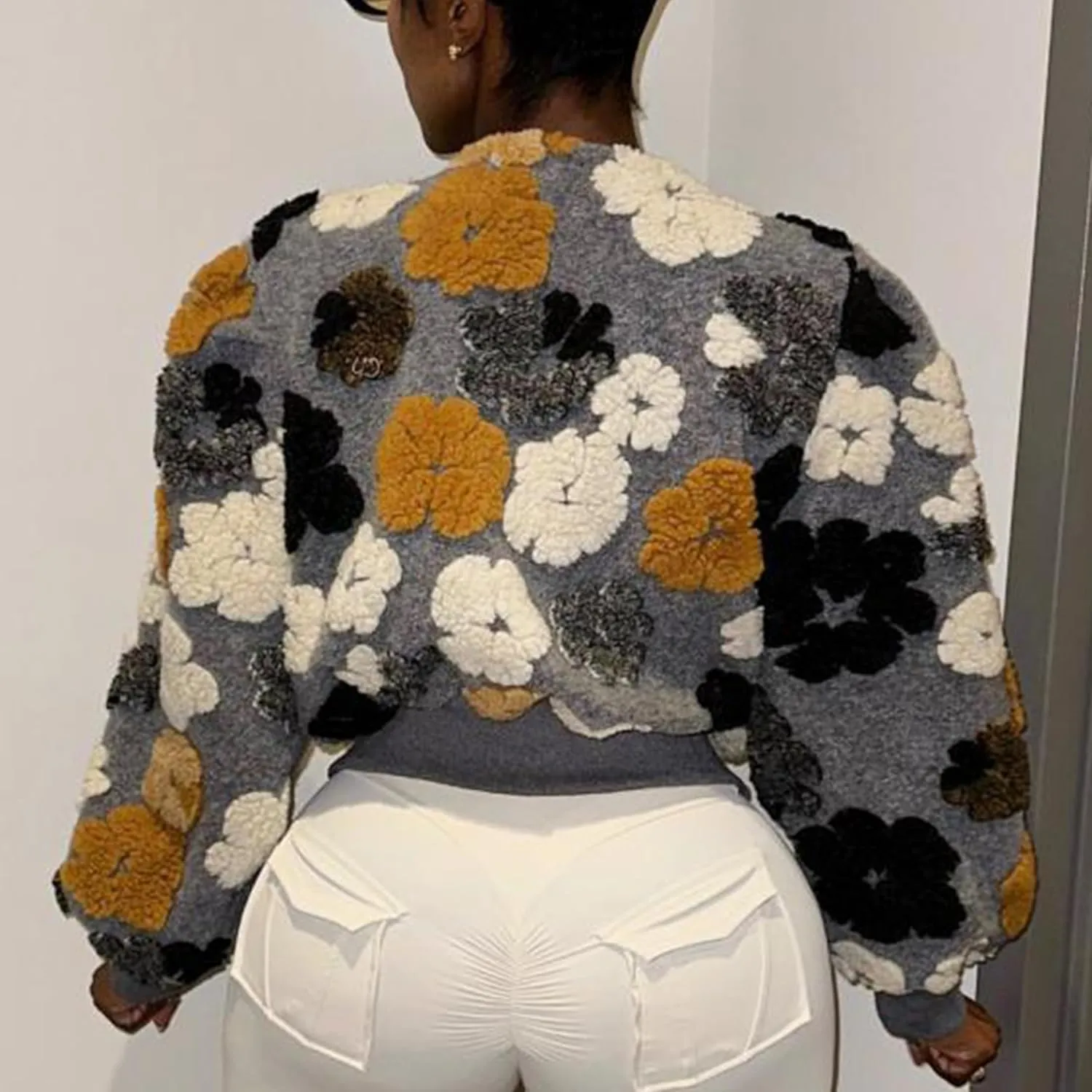 OPCAKM Women's Cropped Floral Print Shacket Jackets Round Neck Long Sleeve Bomber Coat Outerwears