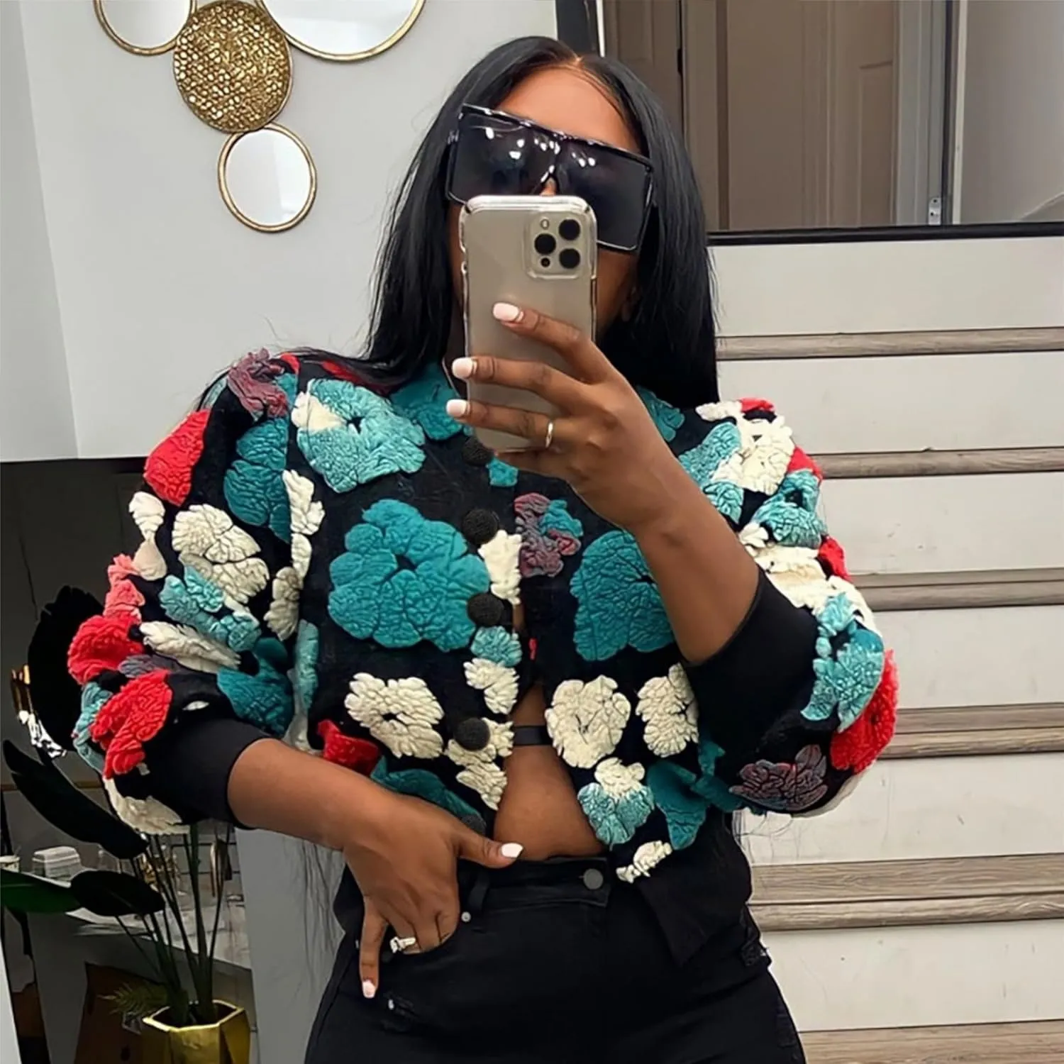 OPCAKM Women's Cropped Floral Print Shacket Jackets Round Neck Long Sleeve Bomber Coat Outerwears