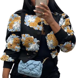 OPCAKM Women's Cropped Floral Print Shacket Jackets Round Neck Long Sleeve Bomber Coat Outerwears