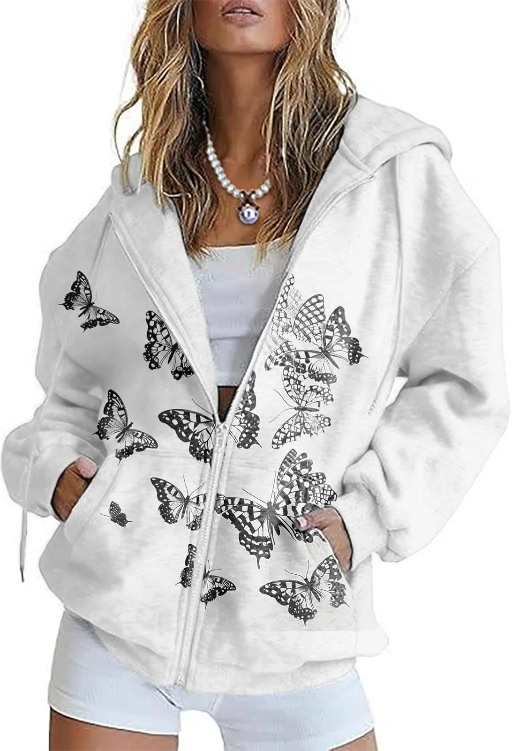 Oversized Sweatshirt Women Butterfly Graphic Hoodies Y2K Full Zip Up Long Sleeve Fall Sweatshirts Drawstring Jackets