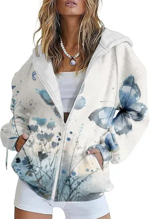 Oversized Sweatshirt Women Butterfly Graphic Hoodies Y2K Full Zip Up Long Sleeve Fall Sweatshirts Drawstring Jackets