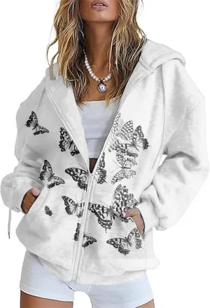 Oversized Sweatshirt Women Butterfly Graphic Hoodies Y2K Full Zip Up Long Sleeve Fall Sweatshirts Drawstring Jackets